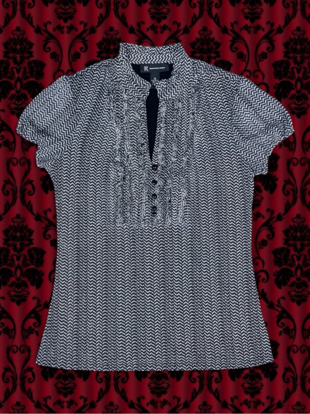 INC International Concepts Top Black White Chevron Ruffle Corporate Goth Y2K M